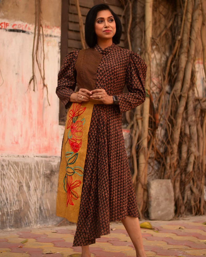 Ajrakh Modal Silk Dress With Knotted Dupatta – Malar Vikram