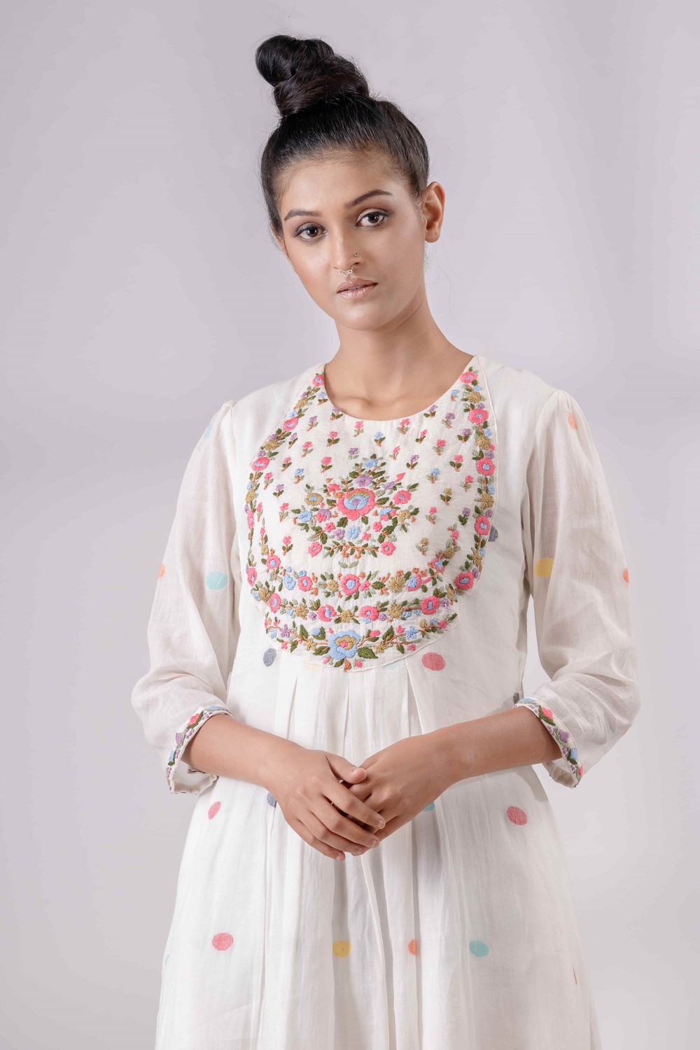 WHITE POLKA DOT JAMDANI DRESS - Anushree Malhotra Designer Studio